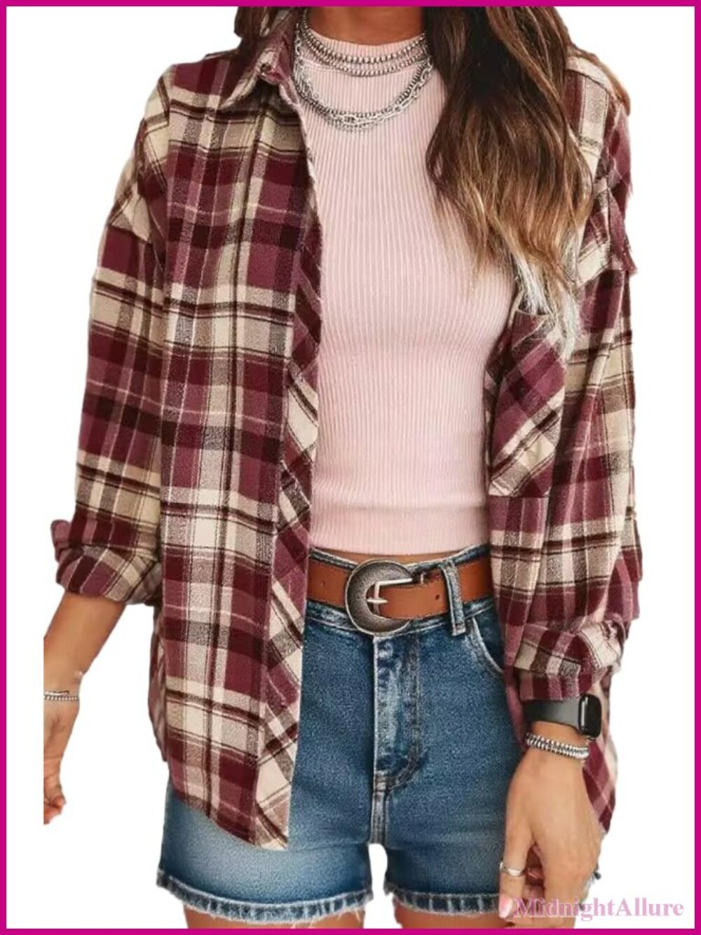 Women's Long Sleeve Plaid Flannel Shirt - Button Down, Oversized, 2 Pockets